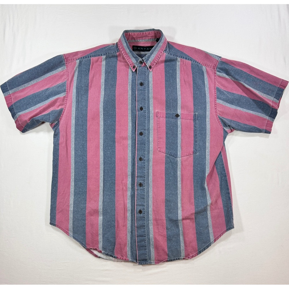 Vintage Santana Mens Large Pink Blue Striped Short Sleeve Cotton Button Down
